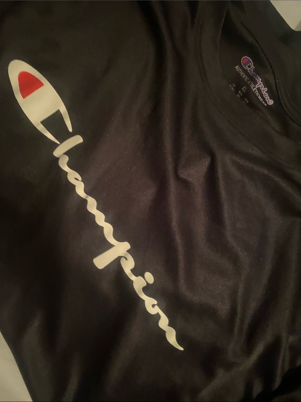 Champion Black Tee with White Script and Red Emblem 100% polyester